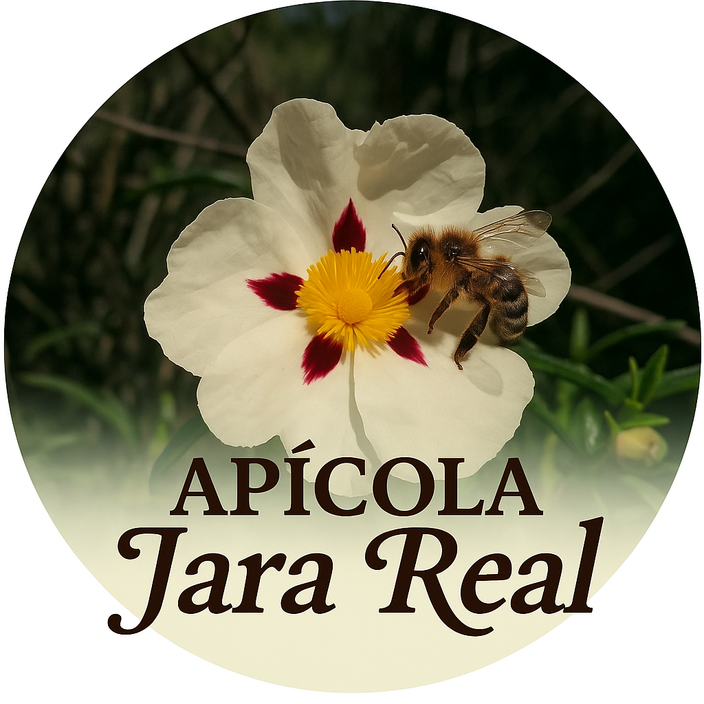 Logotipo de Apícola Jara Real con abeja sobre flor de jara